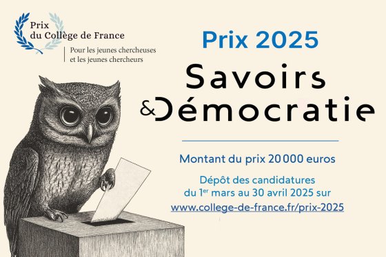 Collège de France Award 2025: Knowledge and Democracy (owl placing a ballot in a ballot box)