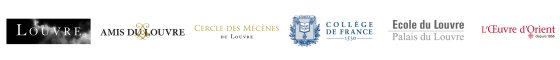 Partner logo banners: Louvre, Amis du Louvre, Cercle des mécènes du Louvre, Collège de France, Ecole du Louvre, L'Oeuvre d'Orient
