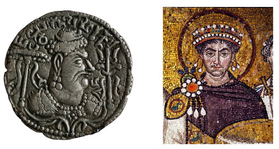 Montage de deux images représentant à gauche, Mihirakula sur une pièce ancienne et à droite une mosaïque de l'empereur byzantin Justinien Ier