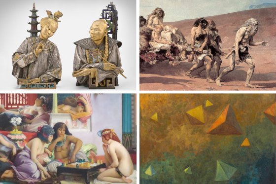 Montage de quatre œuvres : statues asiatiques, scène préhistorique, jeu orientaliste et peinture géométrique abstraite.