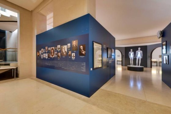 Exposition muséale avec portraits historiques et squelettes humains en arrière-plan.