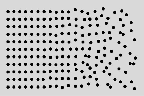 Points noirs sur fond gris en grille régulière à gauche et se dispersant sur la droite