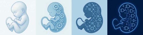 Illustration en quatre étapes d'un fœtus passant de l'humain au numérique : biologique, mécanique, génétique, puis électronique