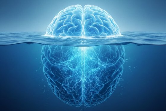 Représentation d'un cerveau humain immergé dans l'eau, symbole de conscience et invisible