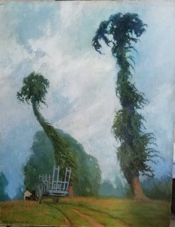 Charrette au pied de grands arbres courbés sous le vent