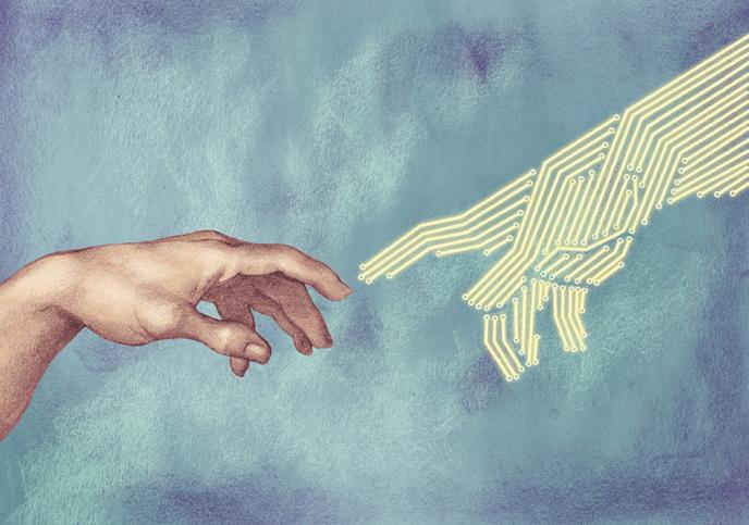 Deux mains, l'une peinte, l'autre numérique, se touchent du doigt