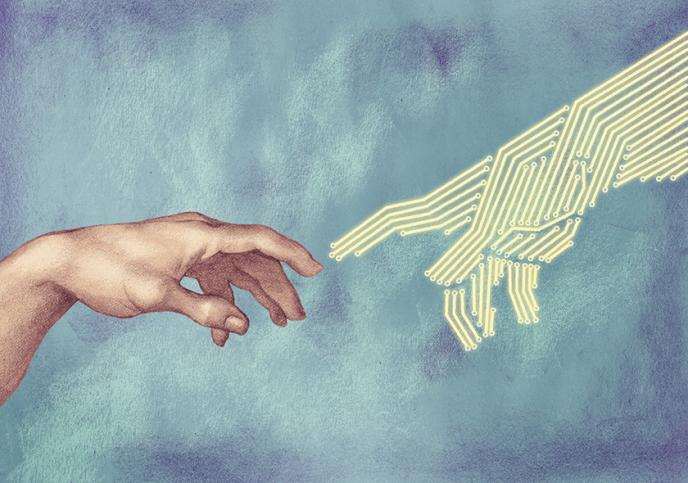 Two hands, one painted, the other digital, touching hands