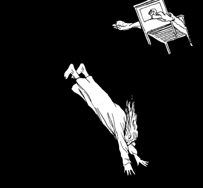 Dessin en noir et blanc d'un personnage tombant de son lit
