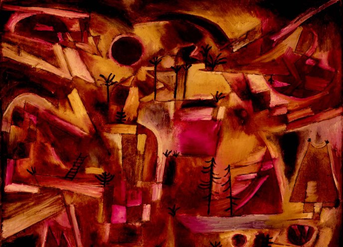 Paul Klee, Paysage rocheux (avec palmiers et sapins), 1919, 155, huile et plume  sur carton, 41,8 x 51,4 cm, Centre Paul Klee, Berne, donation Livia Klee