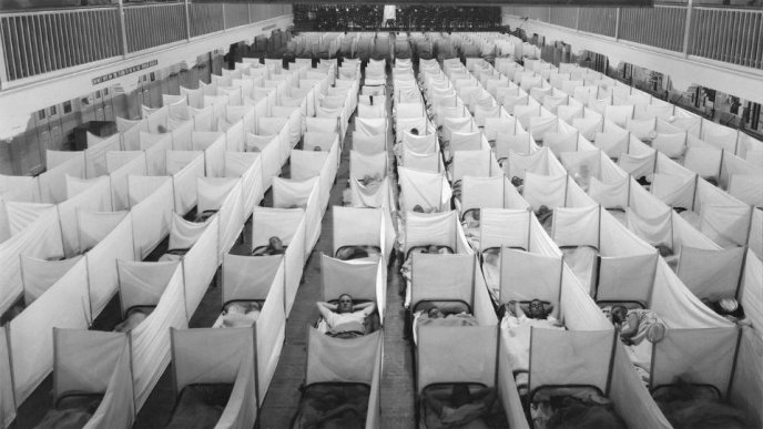 Anti-sneezing screens in a San Francisco barracks during the Spanish flu epidemic of 1918