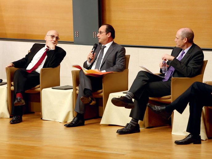 French President François Hollande, Collège de France Administrator Alain Prochiantz and Professor Édouard Bard