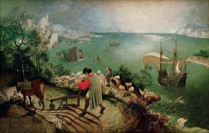 Painting by Pieter Bruegel de Oude: De val van Icarus