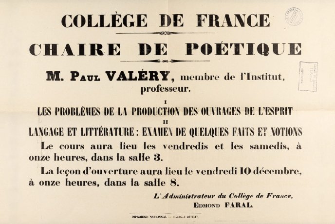 Affiche de la première année de cours de Paul Valéry au Collège de France en 1937-1938