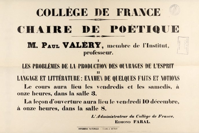 Poster for the first year of Paul Valéry's lectures at the Collège de France in 1937-1938