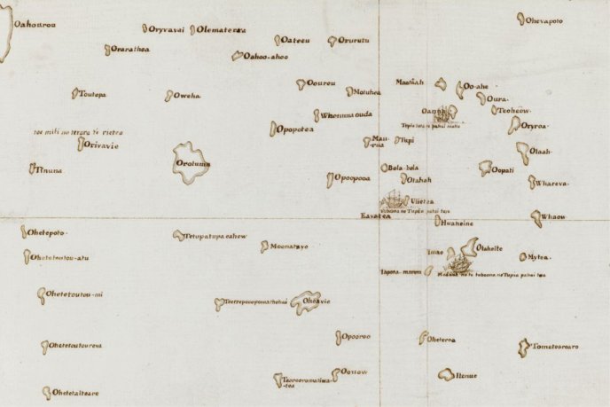 Map of the Polynesian islands based on information from Tupaïa (detail). The Society Islands, 1769, by James Cook. British Library © Public Domain