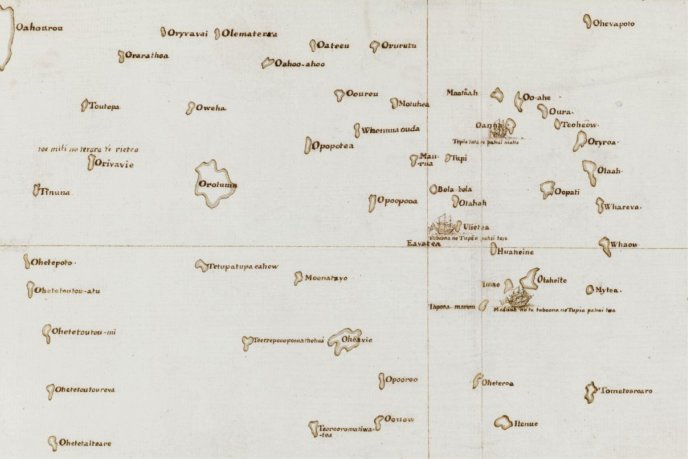 Carte des îles polynésiennes dessinée d’après les informations de Tupaïa (détail). The Society Islands, 1769, by James Cook. British Library © Public Domain