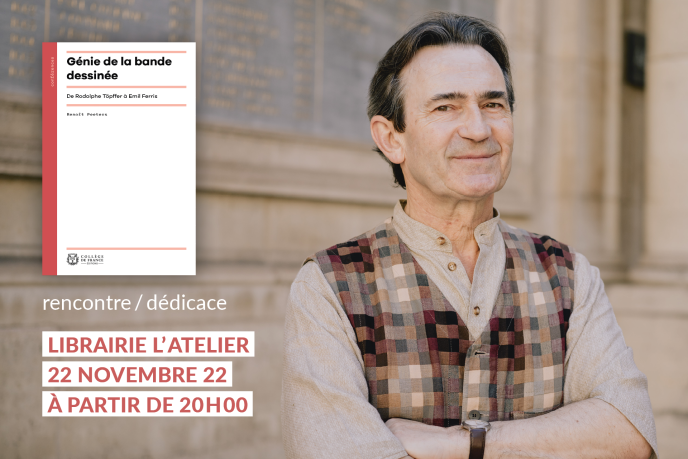 Visuel de présentation de la rencontre organisée par la librairie "LAtelier" avec Benoît Peeters