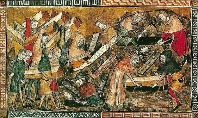 Burial of plague victims in Tournai. Miniature from "Chroniques et annales de Gilles le Muisit", abbot of Saint-Martin de Tournai, Royal Library of Belgium