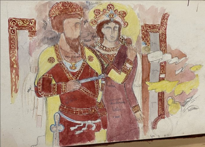 Aristocratic couple dedicating a Fire altar (the man holds a charter of donation). Kuh-e Khwâjah, Southeast Iran, 4th-5th c., copy by Ernst Herzfeld, 1929.