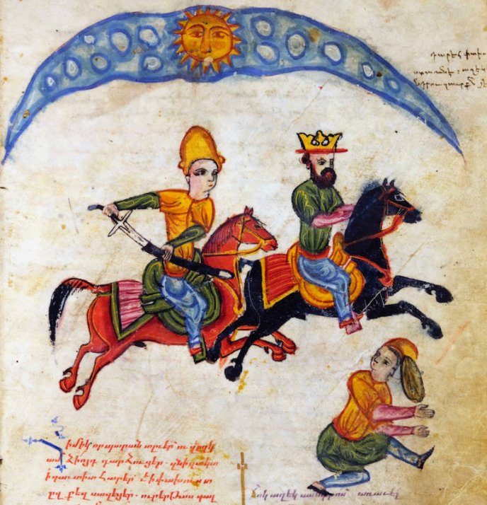 Painting of two men on horseback and in armor from the Armenian Roman d'Alexandre