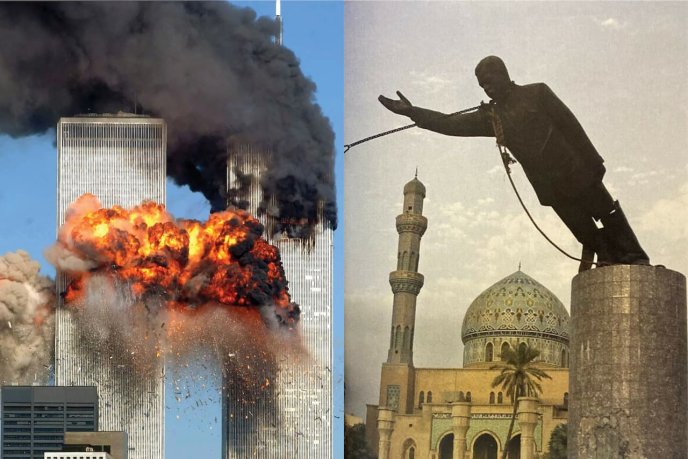 Images des tours du Wall Trade Center le 11 septembre 2001 et de la chute de la statue de Saddam Hussein à Bagdad le 9 avril 2003