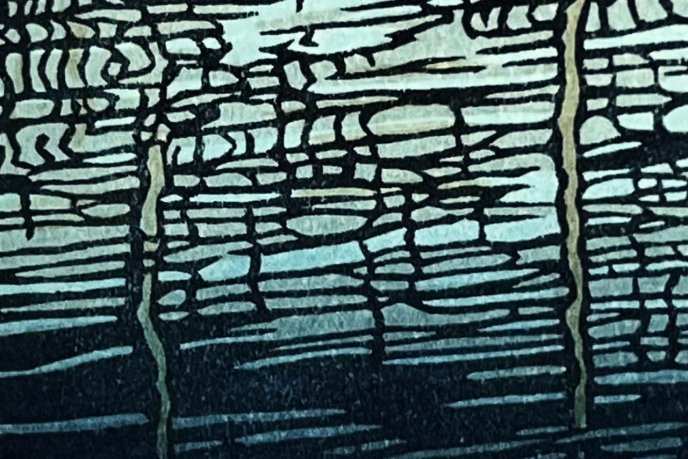 Japanese drawing of trees reflecting on water