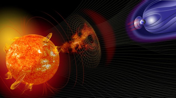 Vue d'artiste représentant l'influence d’une éruption solaire sur la Terre — © NASA