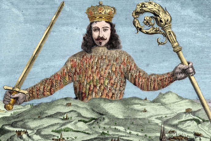 Engraving depicting Thomas Hobbes' "Leviathan" (1651). Leviathan is depicted as a gigantic, crowned man holding a scepter in his left hand and a sword in his right.