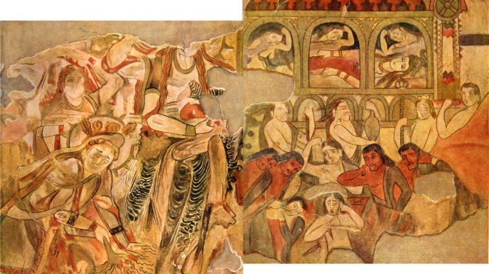 Peinture de femmes et d'hommes dans un temple