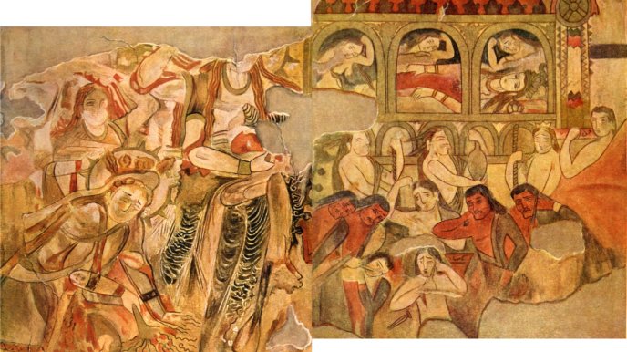 Painting of women and men in a temple