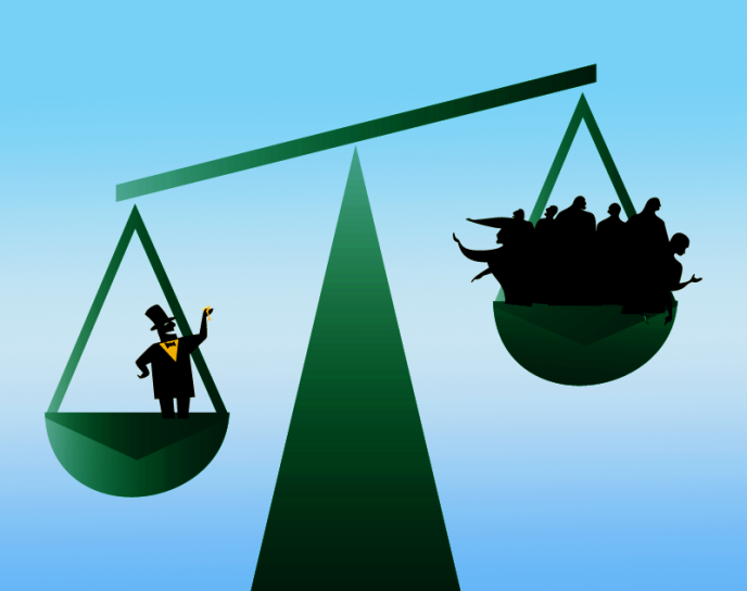 Illustration représentant les inégalités : un homme pesant plus lourd que plusieurs autres sur une balance (Inequalities ©Pinclipart)