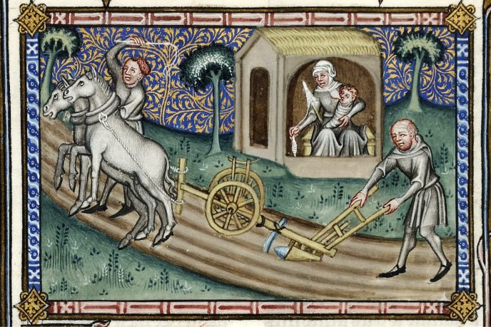 Ploughing the fields - Miniature from Aristotle's "Politics" manuscript, translated by Nicolas Oresme, 14th century