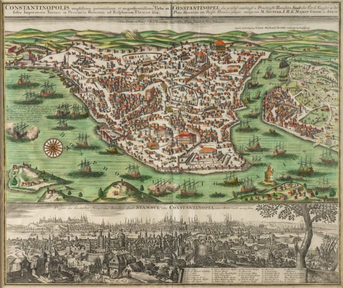 Vue de Constantinople, Georg Matthäus Seutter, vers 1730. Fondation Suna et İnan Kıraç, collection de peintures orientalistes, inv. 227