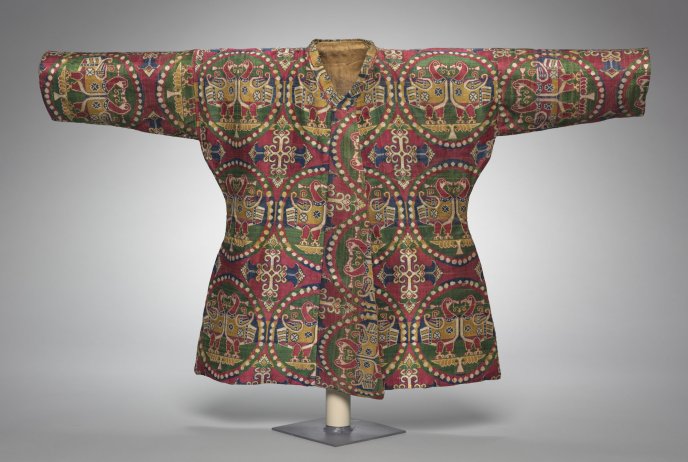 Colorful Uzbek child's coat (red, yellow, green and blue) with ducks in beaded medallions