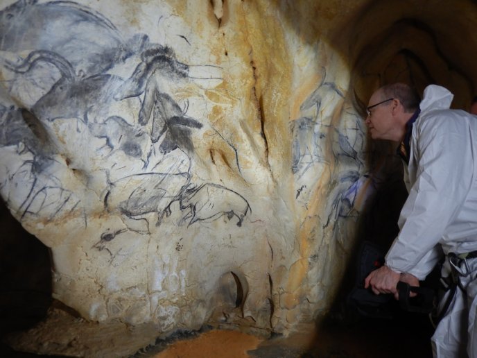 Edouard Bard observing the panel of confronted rhinoceroses in the Chauvet cave