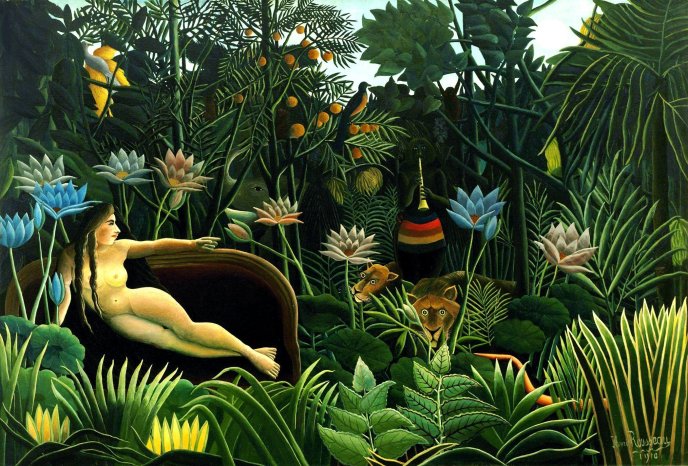 Painting of a nude woman lying in the jungle