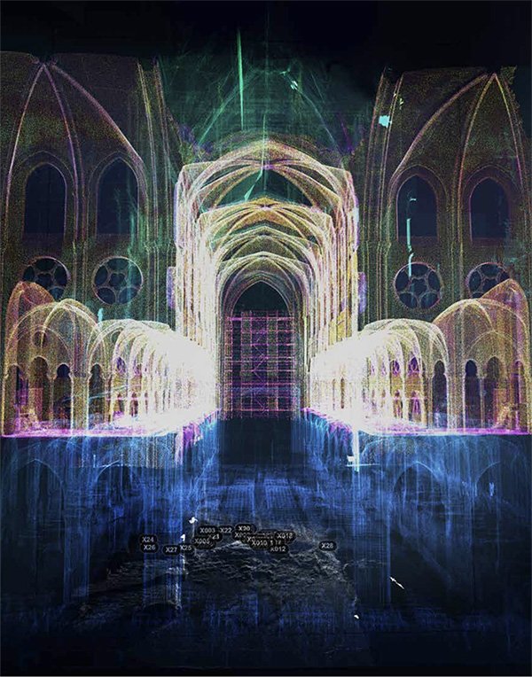 Superposition de nuages de points 3D de Notre-Dame de Paris (relevé lasergrammétrique Andrew Lewis 2006-2012) et de ses décombres (2020)