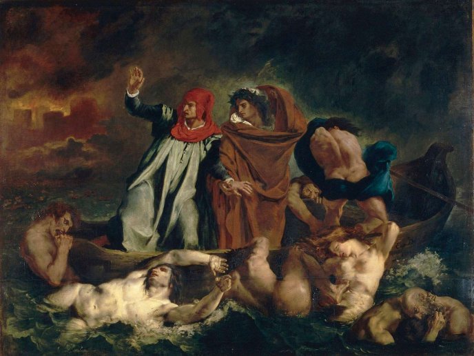 Peinture représentant Dante et Virgile aux enfers dans une barque les menant aux Enfers