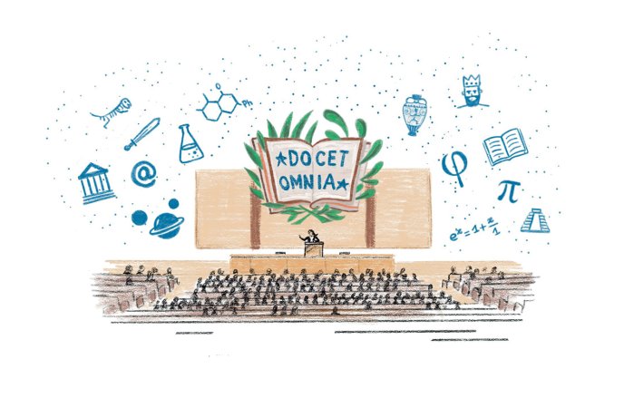 Illustration d’un amphithéâtre avec un livre ouvert portant l’inscription 'DOCET OMNIA' et des symboles scientifiques et culturels.