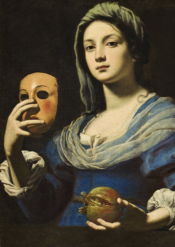 Peinture représentant une femme portant un masque dans sa main et droite et une grenade (fruit) dans sa main gauche