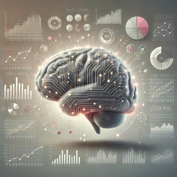 Conceptual illustration of a brain surrounded by multiple graphs and diagrams