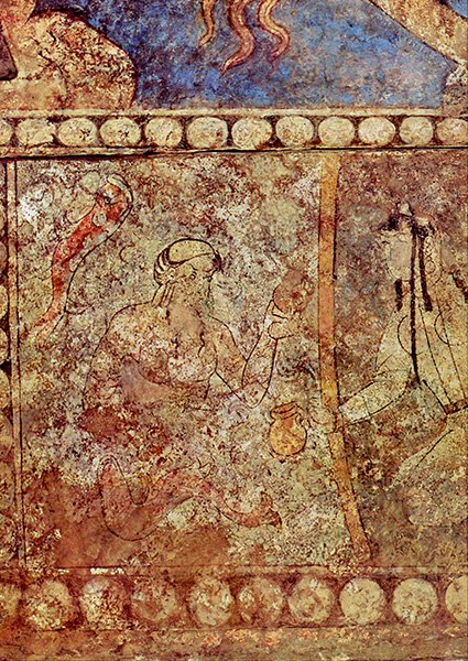 Peinture murale d'une jeune fille frappée d'un sort va puiser de l'eau et rencontre le démon aquatique