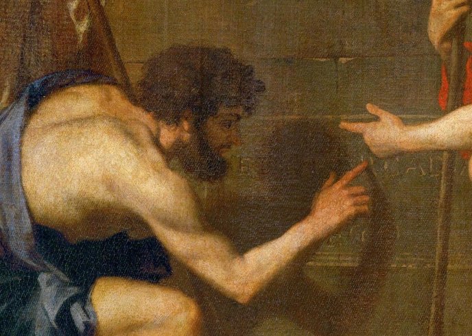 Shepherd reading, detail from Les Bergers d'Arcadie (Et in Arcadia ego) by Nicolas Poussin