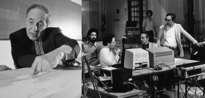 Pierre Boulez avec Didier Arditti, Andrew Gerzso et Giuseppe di Giugno travaillant avec le dispositif électroacoustique pour Répons à l'Espace de projection (1980)