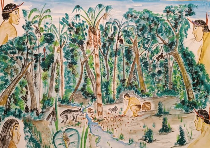 Man crouching in the forest, gathering plants