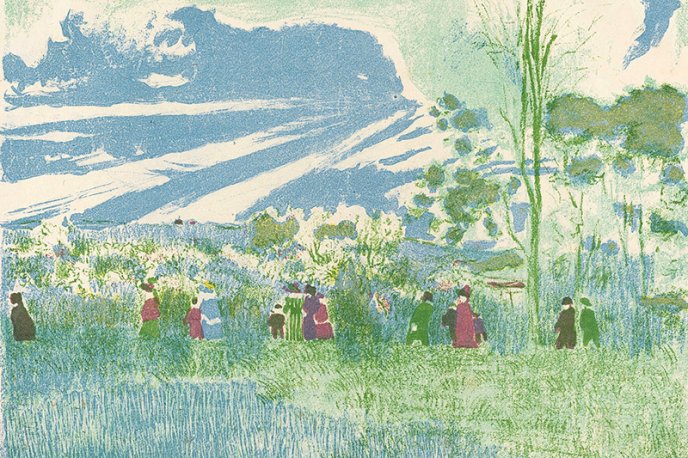 Lithographie de personnes dans un champ avec un ciel bleu