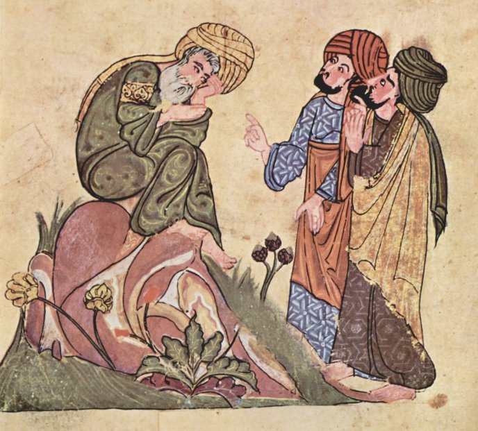 13th-century painting of three men talking