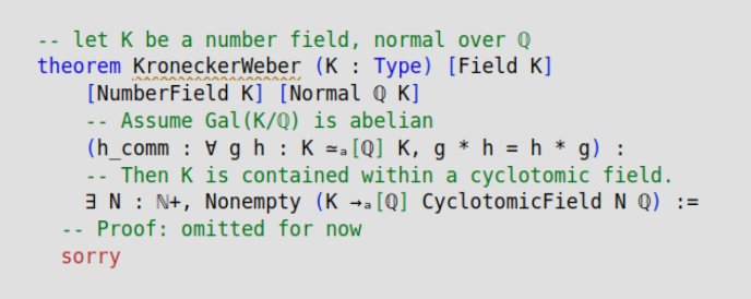 Extrait de code montrant une formalisation en Lean du théorème de Kronecker-Weber. Si K est un corps de nombres normal sur Q avec un groupe de Galois abélien, alors K est contenu dans un corps cyclotomique. La preuve est omise (indiquée par sorry)
