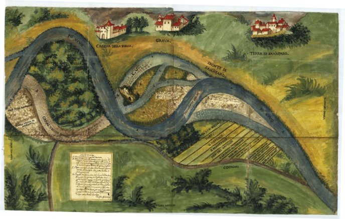 Carte historique illustrée d'une rivière sinueuse avec des bâtiments et des paysages environnants. Inclut des annotations manuscrites et des détails géographiques. Représentation artistique d'une région avec des éléments naturels et architecturaux.