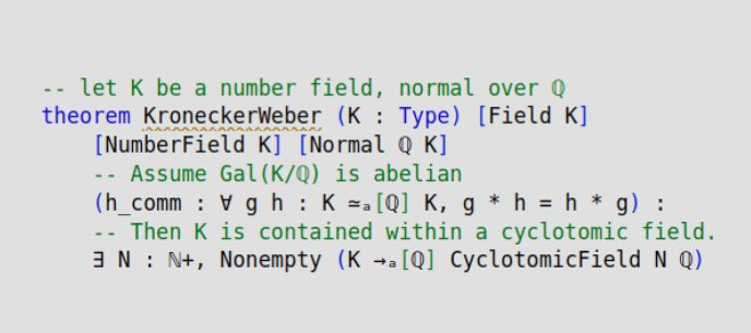 Extrait de code montrant une formalisation en Lean du théorème de Kronecker-Weber. Si K est un corps de nombres normal sur Q avec un groupe de Galois abélien, alors K est contenu dans un corps cyclotomique